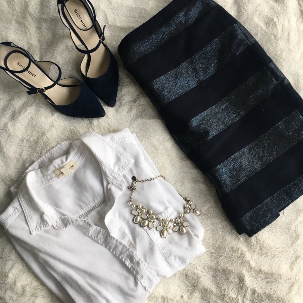 Navy Striped Straight Pencil Skirt